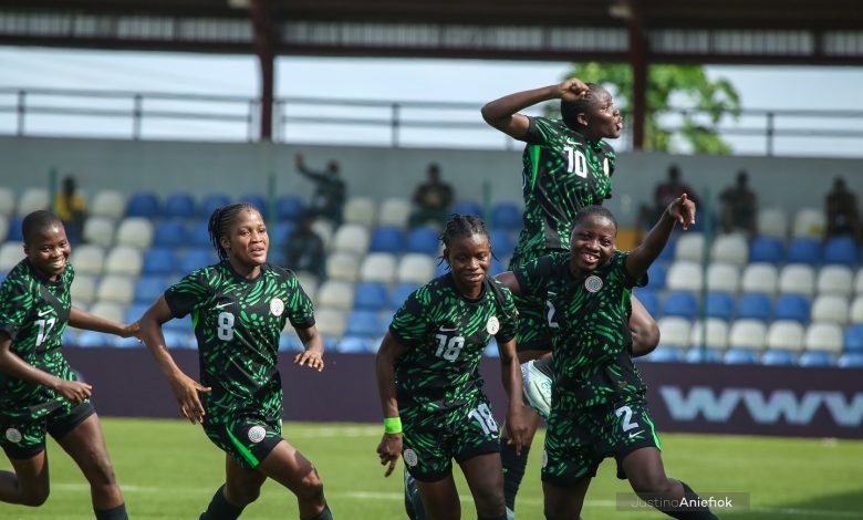 Nigeria U17 Flamingos celebrate Queen Joseph’s opening goal against Algeria during FIFA U17 Women’s World Cup qualifier at Remo Stadium.