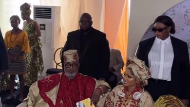 Iyabo Ojo and ex-husband Ademidun Ojo in matching traditional attire at their daughter Priscilla’s wedding in Lagos.