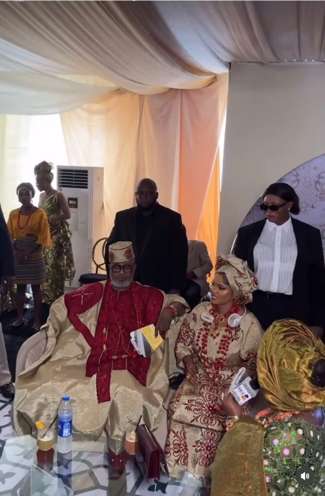 Iyabo Ojo and ex-husband Ademidun Ojo in matching traditional attire at their daughter Priscilla’s wedding in Lagos.