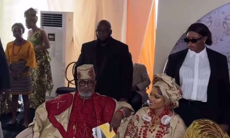 Iyabo Ojo and ex-husband Ademidun Ojo in matching traditional attire at their daughter Priscilla’s wedding in Lagos.