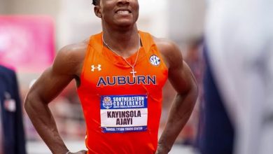 Kanyinsola Ajayi in the starting block, preparing for his 100m race at the Tom Jones Memorial in Florida.