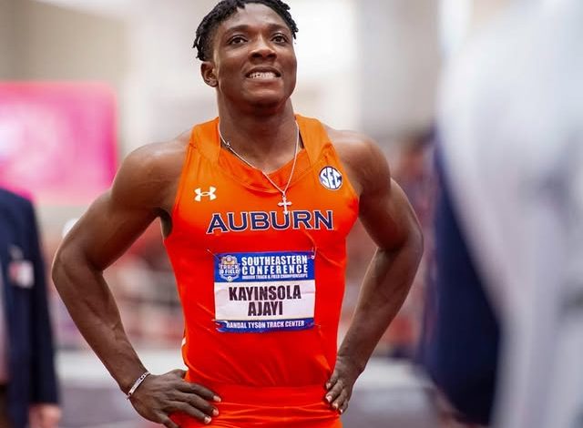 Kanyinsola Ajayi in the starting block, preparing for his 100m race at the Tom Jones Memorial in Florida.