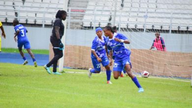 Rivers Angels player Mary Moses celebrates after scoring against Delta Queens during the NWFL Matchday 12 South-South derby.