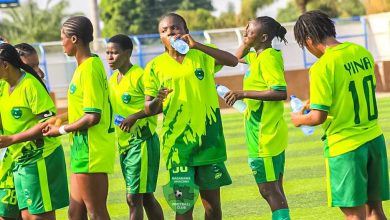 Nasarawa Amazons players take a cooling break during their NWFL match against Confluence Queens as they battle for Super 6 qualification.