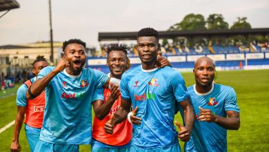 Remo Stars players celebrating a decisive goal against Niger Tornadoes during their 2024/25 NPFL title-winning match at Remo Stars Stadium.