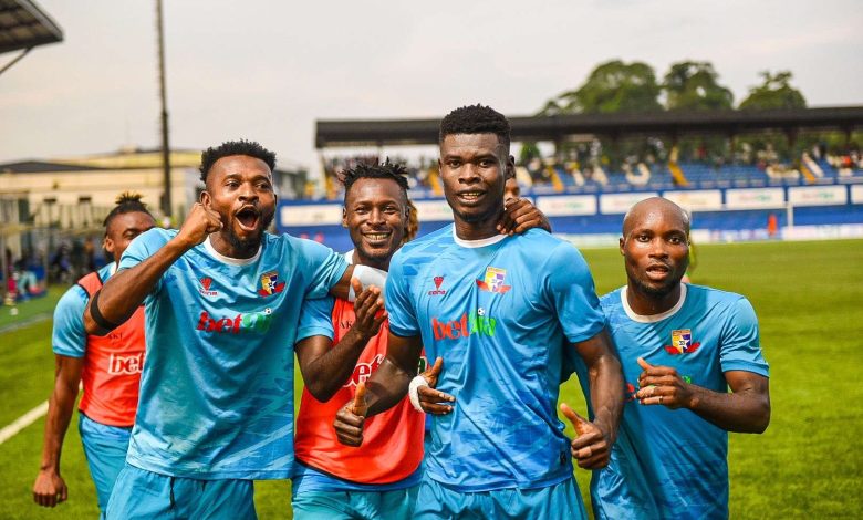 Remo Stars players celebrating a decisive goal against Niger Tornadoes during their 2024/25 NPFL title-winning match at Remo Stars Stadium.