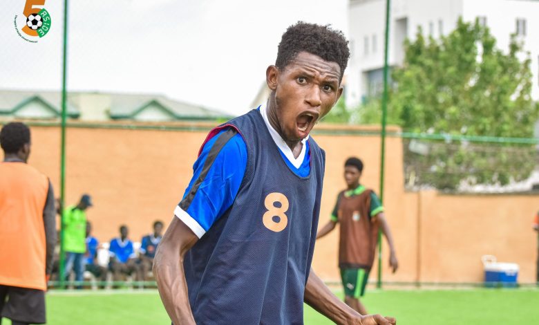 Milo of Soccer Gem FA celebrates passionately after scoring his third goal of the match against Useful Youth SA during the Spires 5-Aside Naija Street Football Tournament Season 2