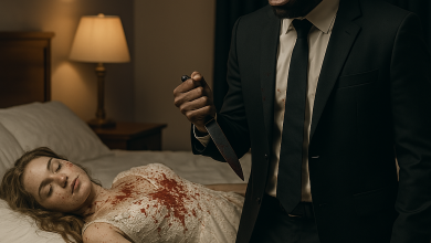 A solemn African groom in a black suit stands in a dimly lit hotel room, holding a bloodied knife and looking down in shock at his Caucasian bride, who lies lifeless on a bed in a blood-stained wedding dress.