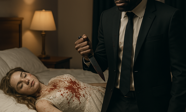 A solemn African groom in a black suit stands in a dimly lit hotel room, holding a bloodied knife and looking down in shock at his Caucasian bride, who lies lifeless on a bed in a blood-stained wedding dress.