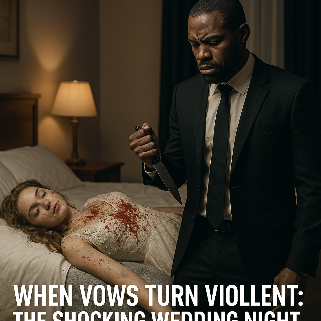 Wedding Night Tragedy: US-Based Ghanaian Pastor Kills Wife After Transgender Revelation A solemn African groom in a black suit stands in a dimly lit hotel room, holding a bloodied knife and looking down in shock at his Caucasian bride, who lies lifeless on a bed in a blood-stained wedding dress.