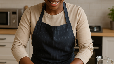 An African woman baking in a modern, well-equipped kitchen, mixing ingredients in a bowl with baking tools and appliances around her.