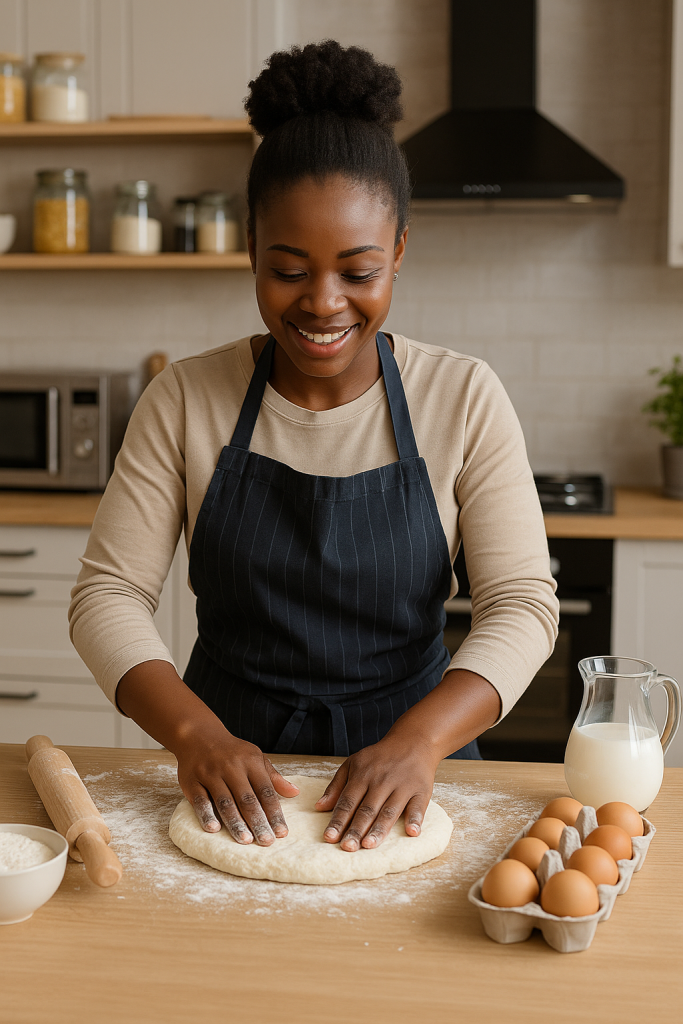 An African woman baking in a modern, well-equipped kitchen, mixing ingredients in a bowl with baking tools and appliances around her.