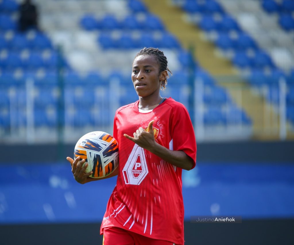 Emeh Essien of Edo Queens celebrates after scoring one of her two goals against Naija Ratels FC during NWFL Super 6 matchday 3