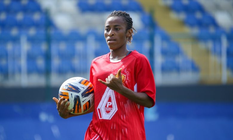 Emeh Essien of Edo Queens celebrates after scoring one of her two goals against Naija Ratels FC during NWFL Super 6 matchday 3