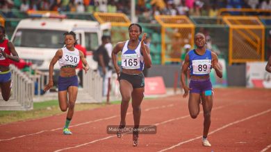 Chioma Cynthia Nweke leads Sophia Efetobore and Faith Chukwuma in the final sprint of the women’s 200m race at the National Sports Festival Gateway Games in Abeokuta.