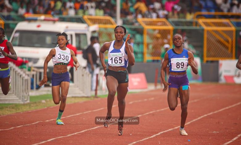 Chioma Cynthia Nweke leads Sophia Efetobore and Faith Chukwuma in the final sprint of the women’s 200m race at the National Sports Festival Gateway Games in Abeokuta.