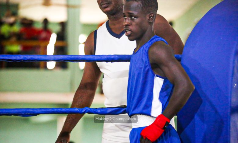 Abijuwon Faruq (Lagos State) stands in his corner, ready and focused, waiting for his opponent to arrive before securing a walkover victory at the National Sports Festival in Abeokuta
