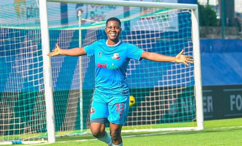 Bolaji Olamide celebrates after scoring a goal during a Nigeria Women Football League (NWFL) match for Remo Stars Ladies.