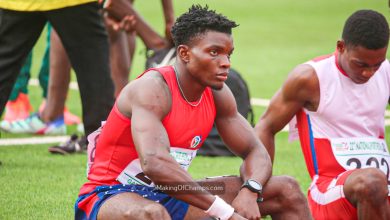 Chidera Ezeakor focused and composed on the starting line moments before the men’s 100m final at the National Sports Festival in Abeokuta.