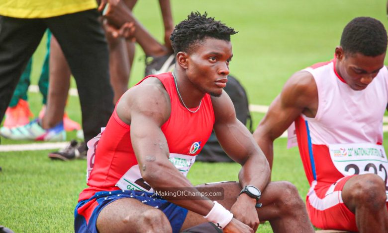 Chidera Ezeakor focused and composed on the starting line moments before the men’s 100m final at the National Sports Festival in Abeokuta.