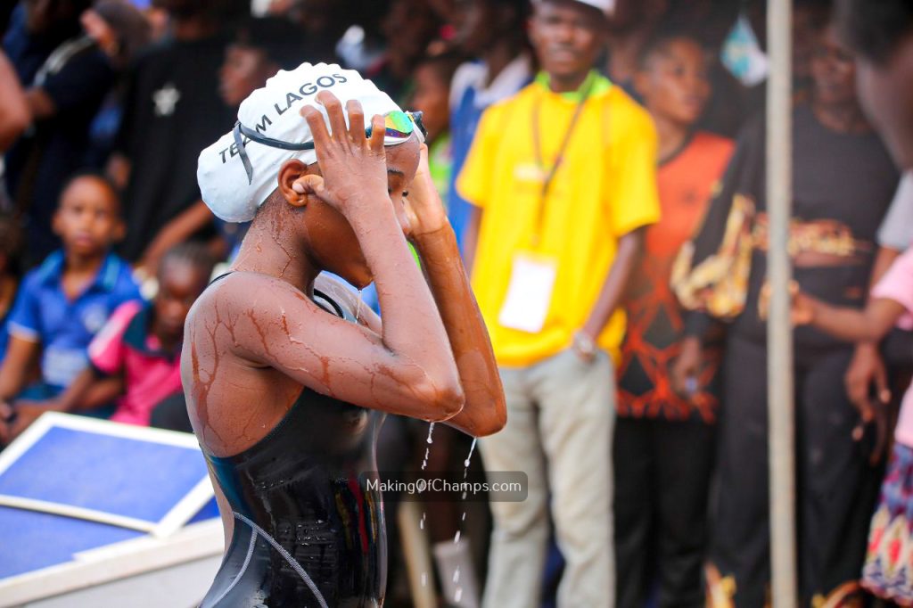 Daniella Akanbi completing her leg of the women’s 4x200m freestyle relay at the Gateway Games 2024, representing Lagos State