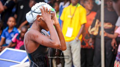 Daniella Akanbi completing her leg of the women’s 4x200m freestyle relay at the Gateway Games 2024, representing Lagos State