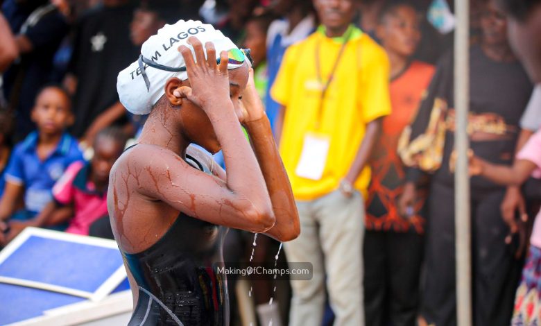 Daniella Akanbi completing her leg of the women’s 4x200m freestyle relay at the Gateway Games 2024, representing Lagos State