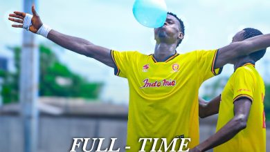 Ezekiel Samuel celebrates his goal against Switch FC with a balloon in his mouth