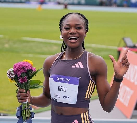 Favour Ofili celebrates after finishing third in the women’s 100m final at the Grand Slam Track Meet in Miami
