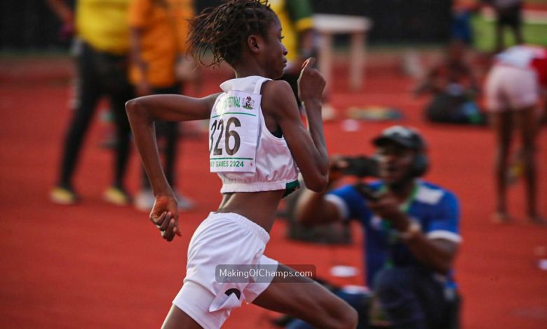 Hephzibah Okon sprinting on the track during the women’s 400m event at the Gateway Games in Abeokuta.