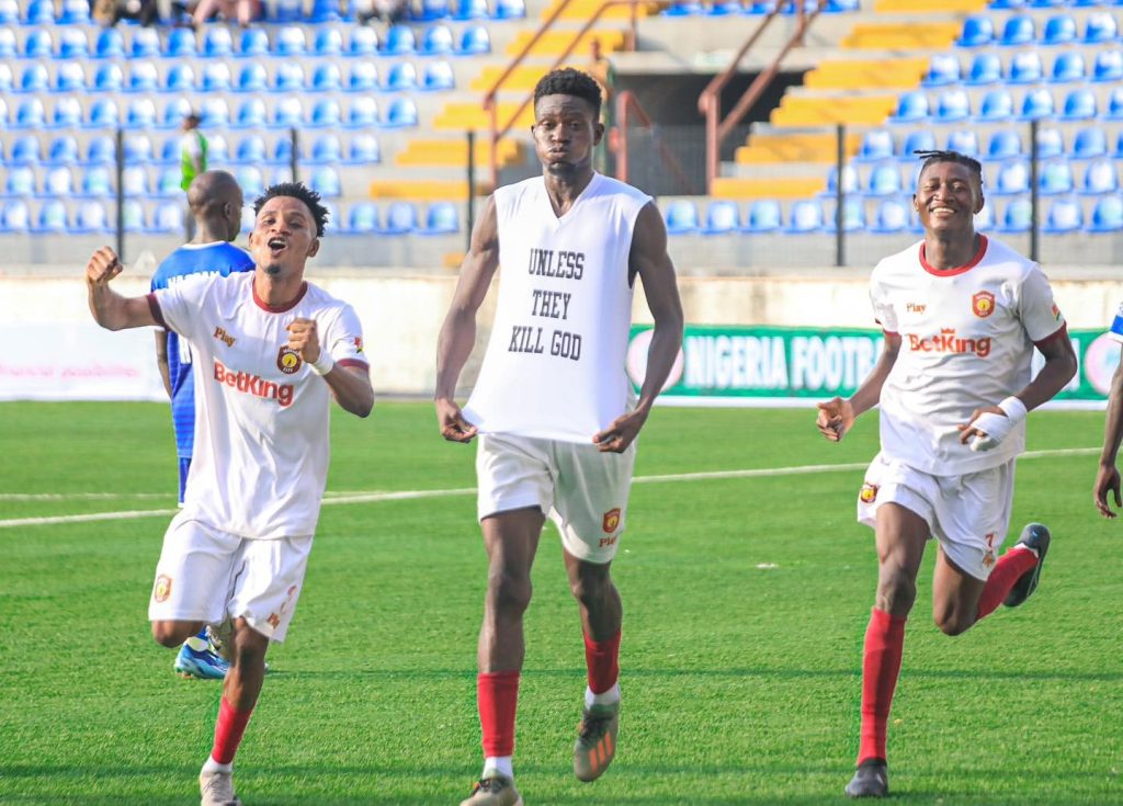 Nwanna Okechukwu of Ikorodu City celebrates after scoring the opening goal against Bayelsa United in NPFL Week 36