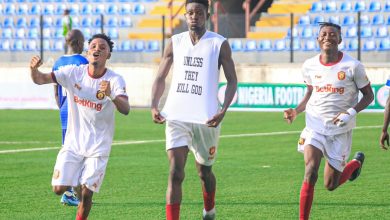 Nwanna Okechukwu of Ikorodu City celebrates after scoring the opening goal against Bayelsa United in NPFL Week 36