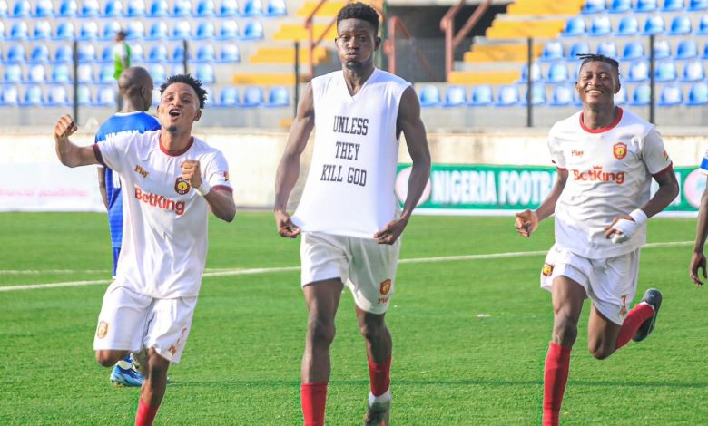 Nwanna Okechukwu of Ikorodu City celebrates after scoring the opening goal against Bayelsa United in NPFL Week 36