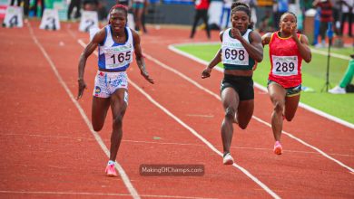 Kate Odumoso, Obi Jennifer Chukwuka, and Bada Iyanuoluwa crossing the finish line in first, second, and third positions during the women’s 100m final at Gateway Games 2024.