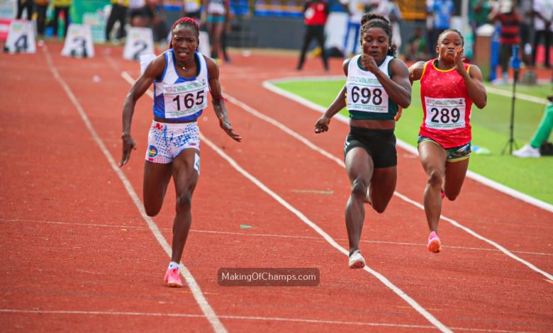 Kate Odumoso, Obi Jennifer Chukwuka, and Bada Iyanuoluwa crossing the finish line in first, second, and third positions during the women’s 100m final at Gateway Games 2024.