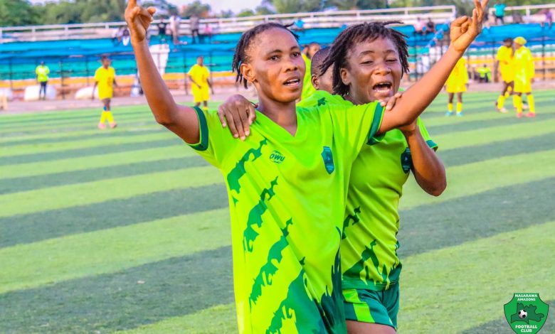 Akekoromowei and teammate jubilantly celebrate her goal against Edo Queens on the final day of the NWFL regular season.