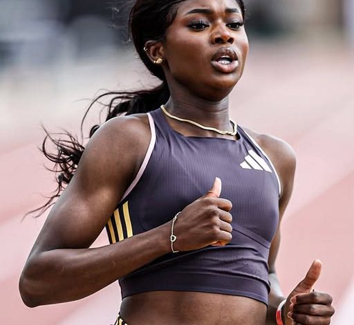 Favour Ofili sprinting on the track during the women’s 200m race at the Grand Slam Track Meet in Miami