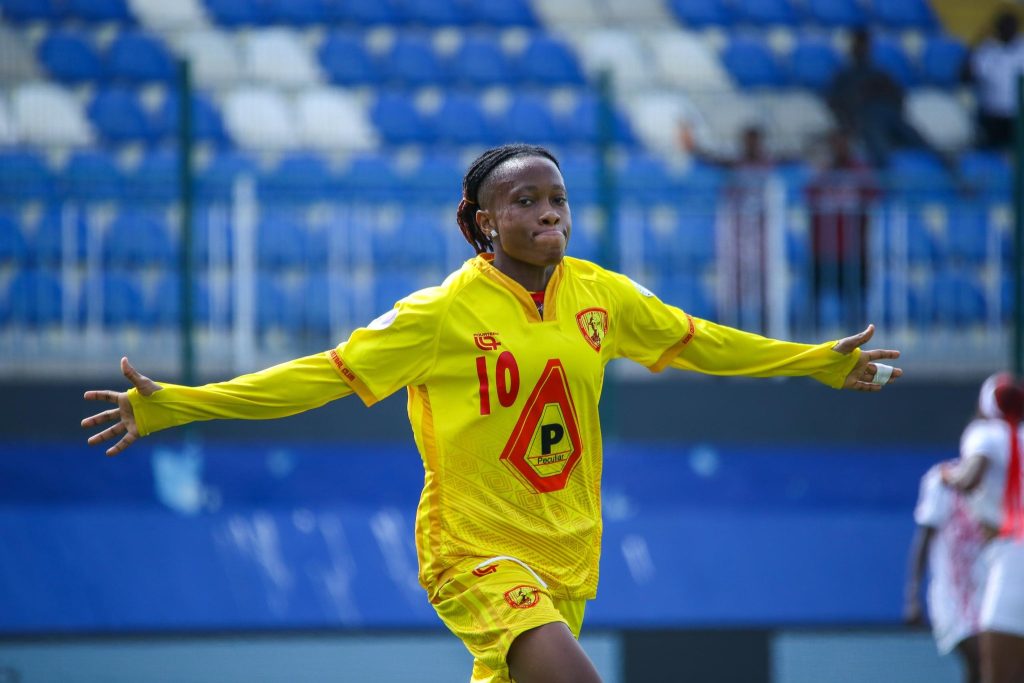 Goodness Osigwe celebrates passionately after scoring the decisive goal for Edo Queens against Bayelsa Queens in the NWFL Super 6, ending the Prosperity Girls’ 17-game unbeaten run.