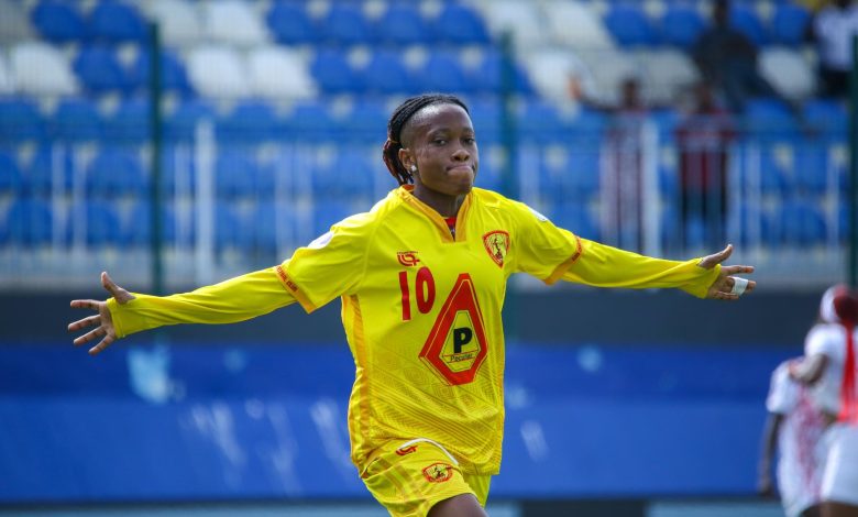 Goodness Osigwe celebrates passionately after scoring the decisive goal for Edo Queens against Bayelsa Queens in the NWFL Super 6, ending the Prosperity Girls’ 17-game unbeaten run.