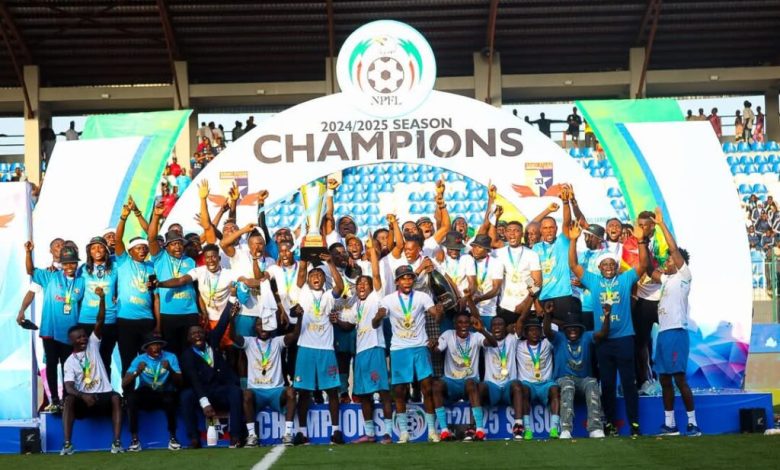 Remo Stars players lift the 2024/2025 NPFL trophy and display their medals during the title celebration in Ikenne