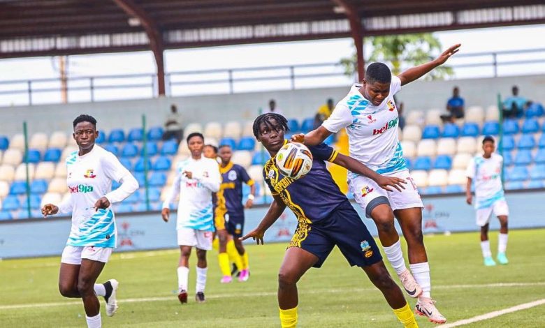 Bayelsa Queens and Remo Stars Ladies players contesting for the ball during an NWFL Super 6 match.