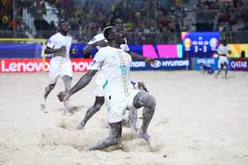 FIFA Beach Soccer World Cup: Senegal Stun Italy to Reach Semi-Finals Senegal beach soccer players celebrate a crucial goal with arms raised and joyous expressions during FIFA Beach Soccer World Cup match