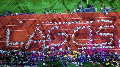 Lagos State athletes in vibrant uniforms performing a colorful display at the Gateway Games 2025 Opening Ceremony in Abeokuta