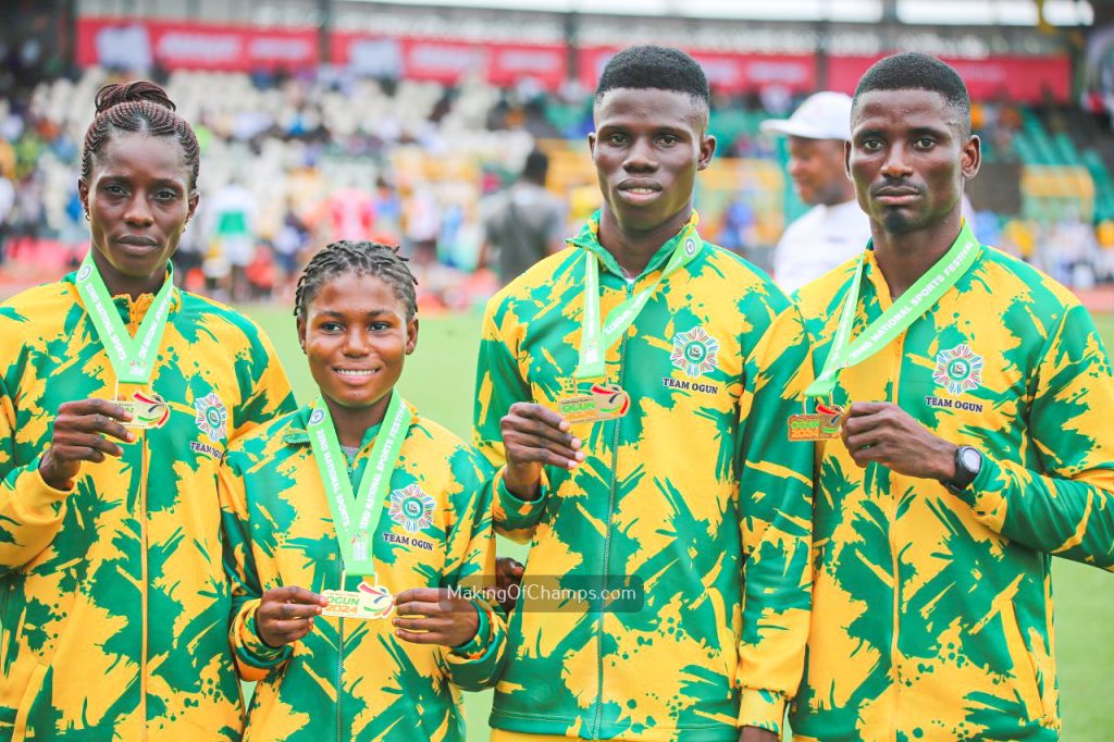 Team Ogun relay quartet celebrates with gold medals after winning the 4x400m relay at the National Sports Festival 2024 in Abeokuta