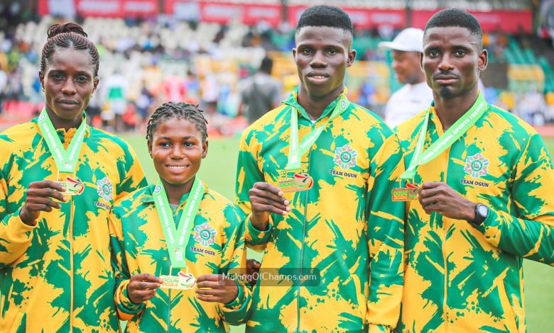 Team Ogun relay quartet celebrates with gold medals after winning the 4x400m relay at the National Sports Festival 2024 in Abeokuta