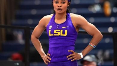 Tima Godbless focuses at the starting line moments before her world-leading 100m sprint at the NCAA East Prelims