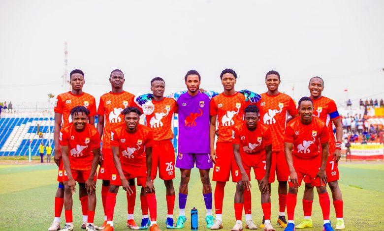 Wikki Tourists FC players line up before their decisive NNL match against Zamfara United