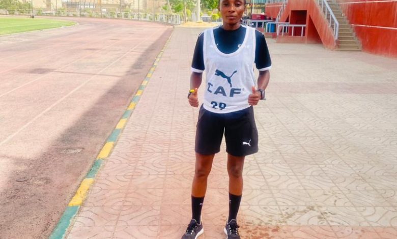 Yemisi Akintoye poses confidently after completing her CAF Elite A fitness test for WAFCON 2025 in Cairo.