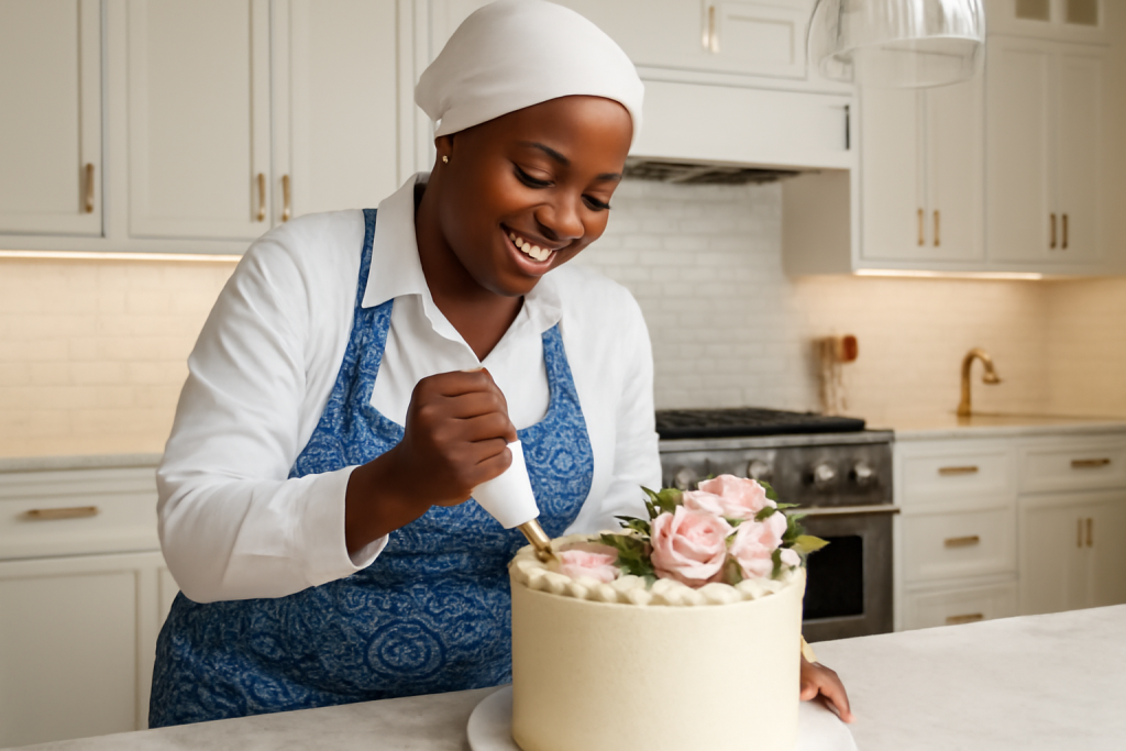 Meenah carefully decorating a cake with a piping bag, adding intricate buttercream swirls on the cake’s edge in a bright kitchen setting.