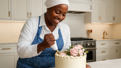 Meenah carefully decorating a cake with a piping bag, adding intricate buttercream swirls on the cake’s edge in a bright kitchen setting.